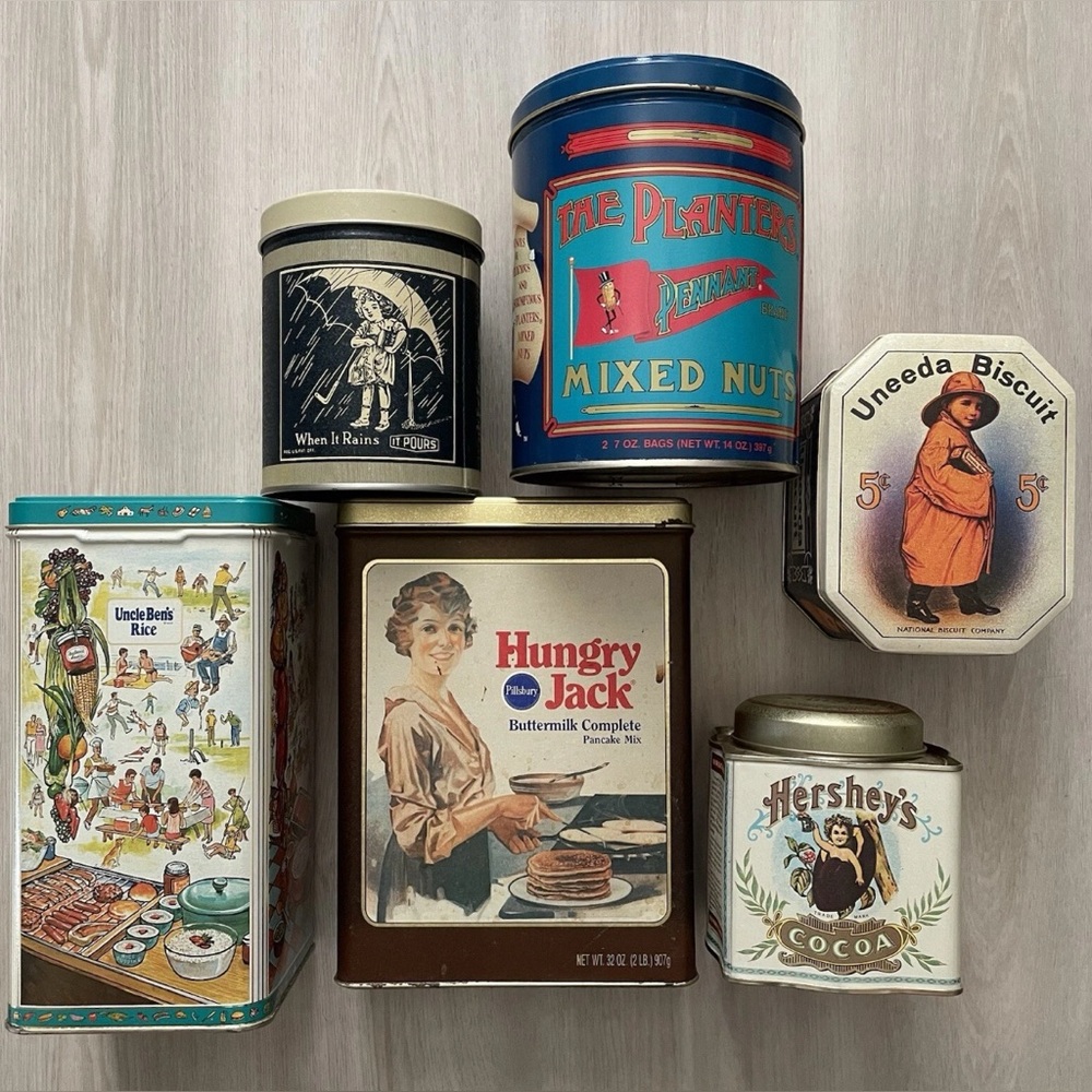 Lot Of 6 Antique Collectible Tin Hershey’s/ Morton/ Pillsbury/Planters/etc